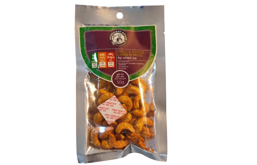 INGREDIENT CHILLI AND GARLIC CASHEW NUTS 50G