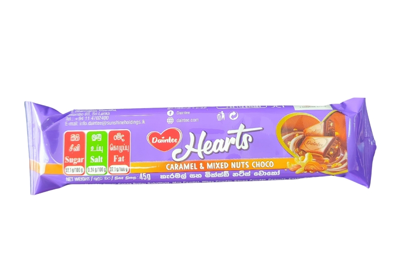 DAINTEE HEARTS CARAMEL & MIXED NUTS CHOC CHOCOLATE 45G