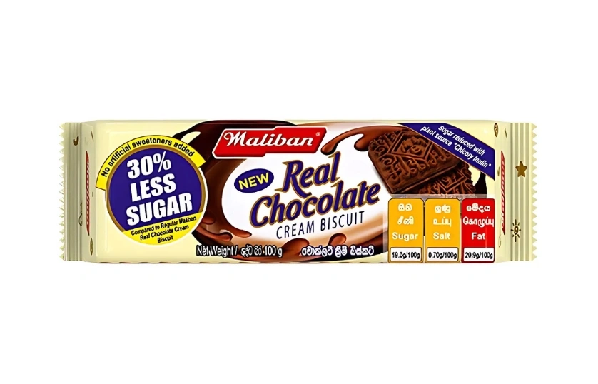 MALIBAN REAL CHOCOLATE CREAM BISCUIT LESS SUGAR 100G